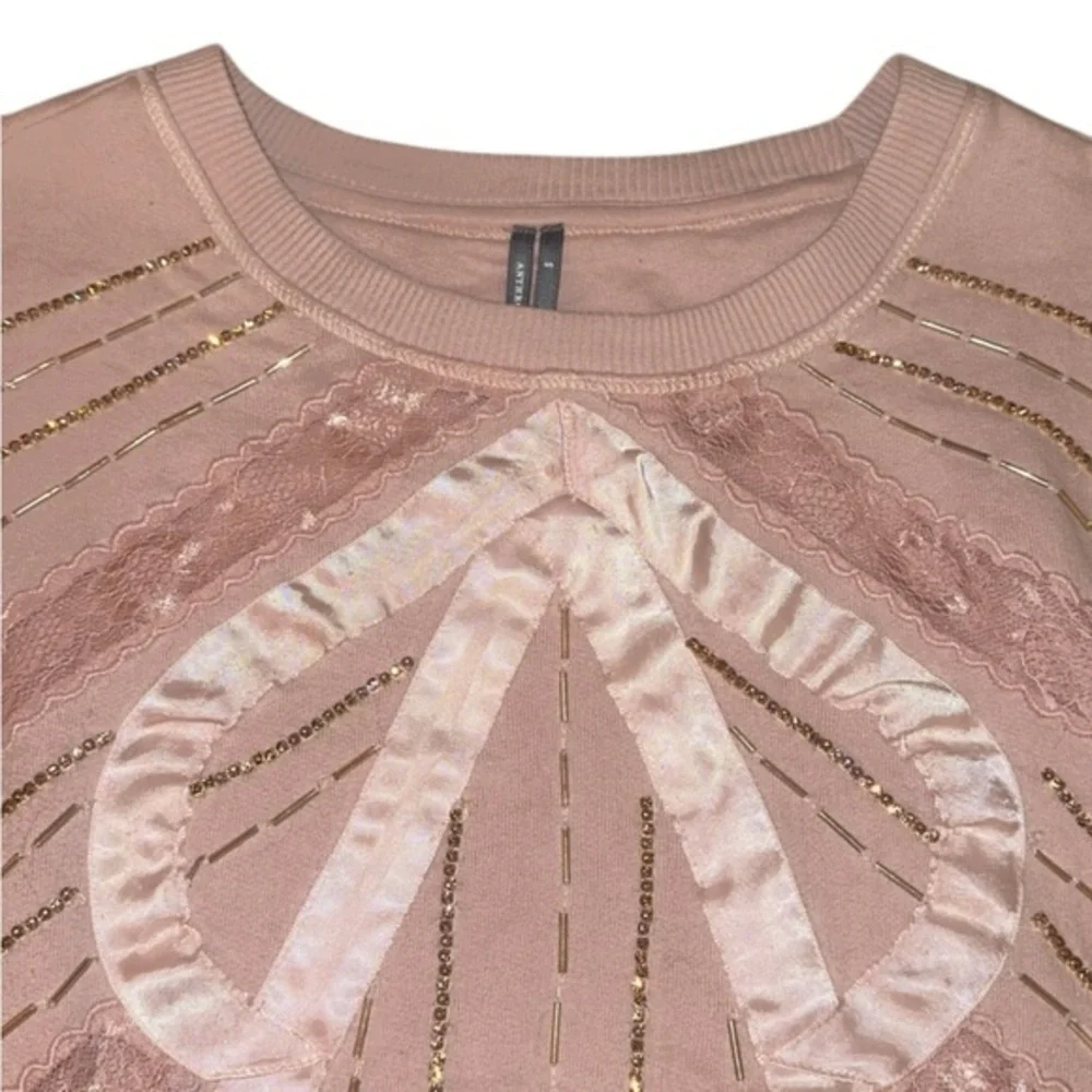 Anthropologie Beaded Bow Dusty Blush Pink Sweater Sweatshirt‎ Small